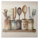 Rustic Utensils Watercolors Fatmhouse Ceramic Tile<br><div class="desc">Rustic country farmhouse watercolors utensils scene used to create this perfect ceramic tile.  Mix and match with other companion tiles to create your own customised look.  Faux stone colour companion tiles are also available to create your pattern.</div>