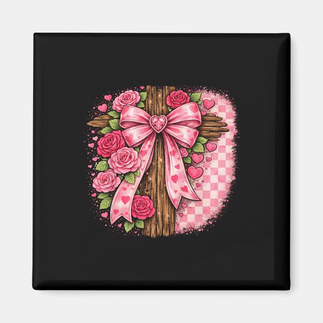 Rustic Valentine Cross With Gem Heart Bow And Rose Magnet (Front)