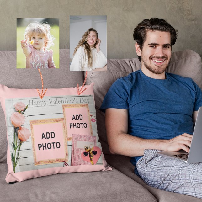 Rustic Valentines Pink Roses & Photos Cushion (Rustic Valentines Pink Roses & Photos Throw Pillow)