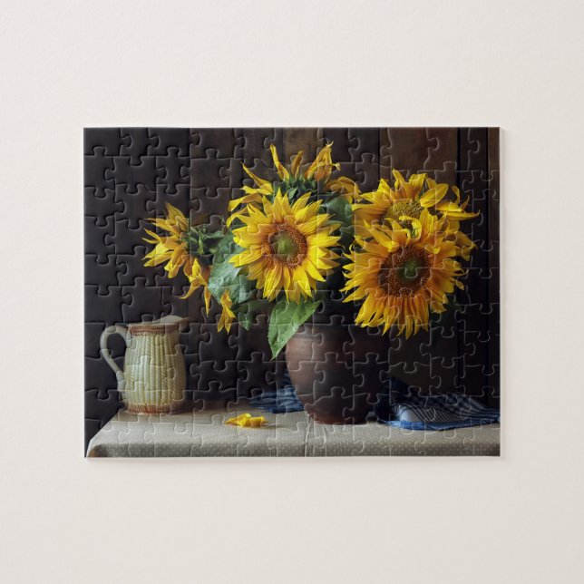 Rustic Vase of Sunflowers | Floral Jigsaw Puzzle (Horizontal)
