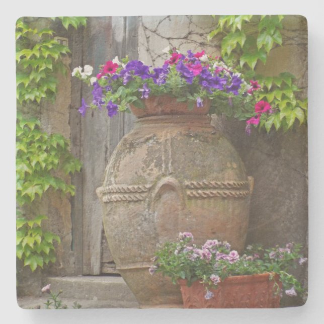 RUSTIC VASE WITH PINK, PURPLE AND WHITE PETUNIAS STONE COASTER (Front)