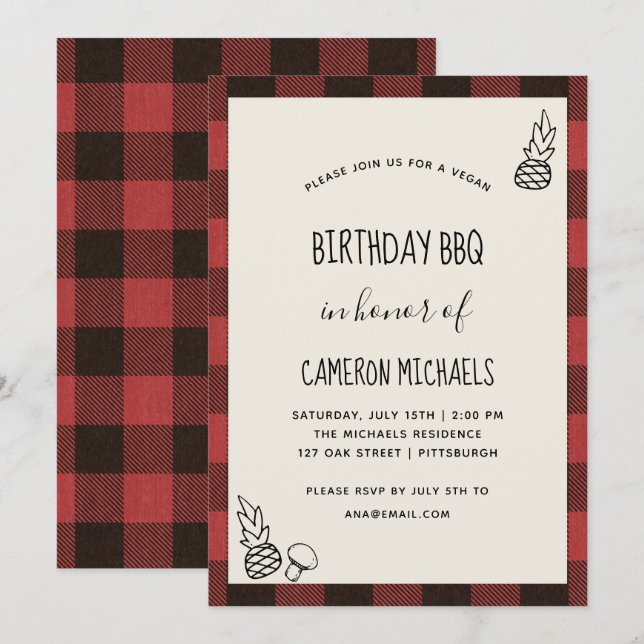 Rustic Vegan Birthday BBQ Red Plaid Invitation (Front/Back)