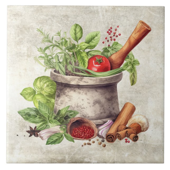 Rustic Vegetables Herbs Faux Texture Kitchen Tile (Front)