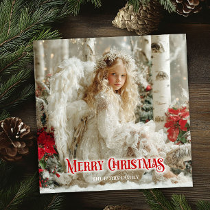 Rustic victorian angel red poinsettias seasonal   holiday card