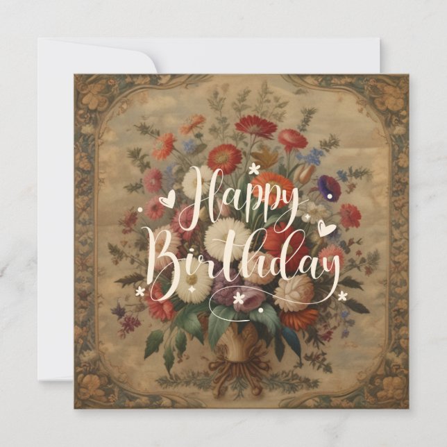 Rustic Victorian Floral Happy Birthday Card (Front)