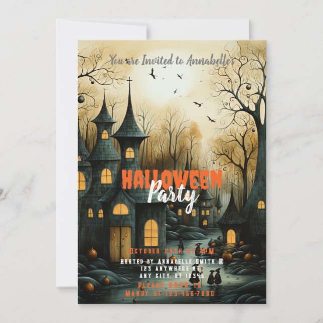 Rustic Village Bats Pumpkins Halloween Party Invitation (Front)