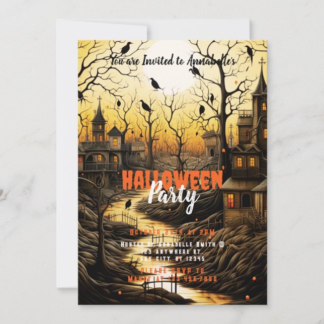 Rustic Village Bats Setting Sun Halloween Party Invitation (Front)