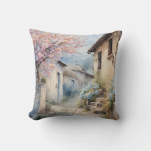 Rustic Village Flower Watercolor Decorative Cushion