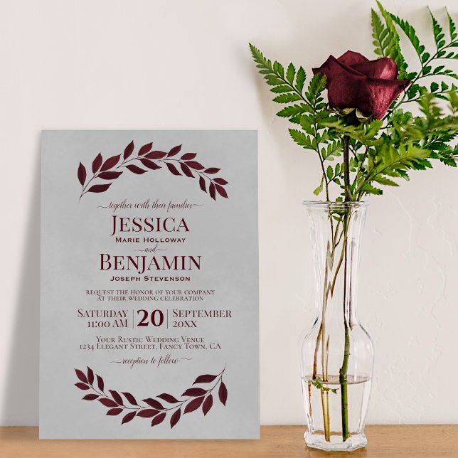 Rustic Vines Elegant Burgundy & Grey Wedding Invitation (Creator Uploaded)