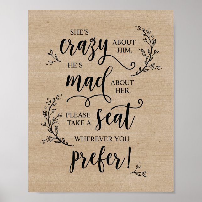 Rustic Vines Wedding Ceremony Take A Seat Sign (Front)