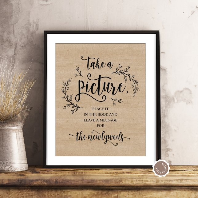 Rustic Vines Wedding Guest book photo Sign (Take A Picture, Rustic Wedding Poster in Vines Eucalyptus Illustration Brown Cottage Wood Background)