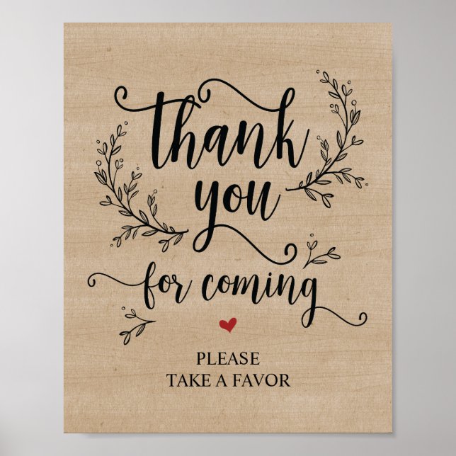 Rustic Vines Wedding Thank you Take favour sign (Front)