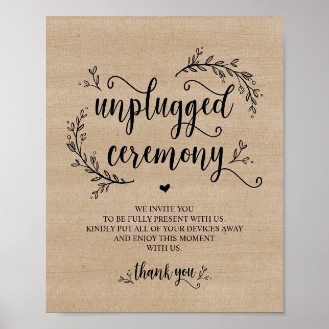 Rustic Vines Wedding UNPLUGGED CEREMONY sign (Front)