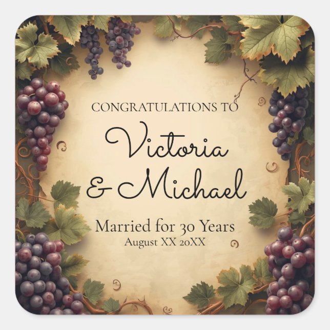 Rustic Vineyard Grapes Custom Name Square Sticker (Front)
