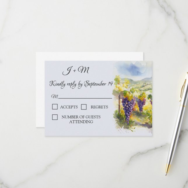 Rustic Vineyard Watercolor Grapes Lemons RSVP Card (Front/Back In Situ)