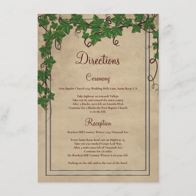 Rustic Vineyard Wedding Ceremony Directions Enclosure Card (Front)
