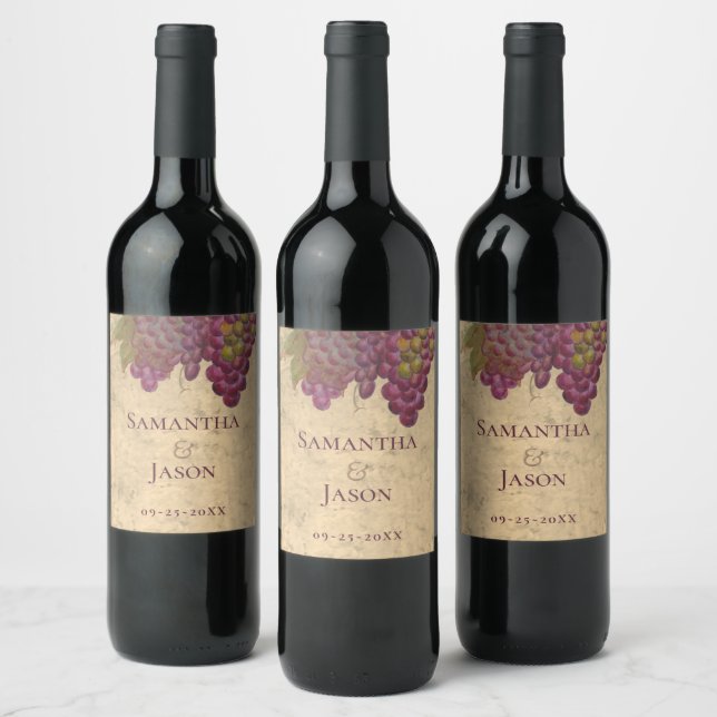 Rustic Vineyard Wedding Watercolor Grapes Wine Label (Bottles)