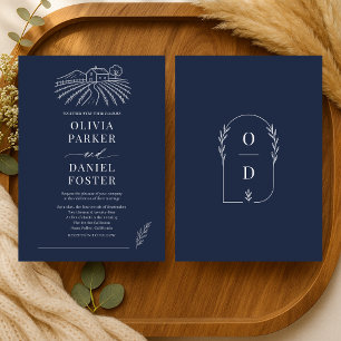 Rustic Vineyard Winery Navy Blue Line Art Wedding Invitation