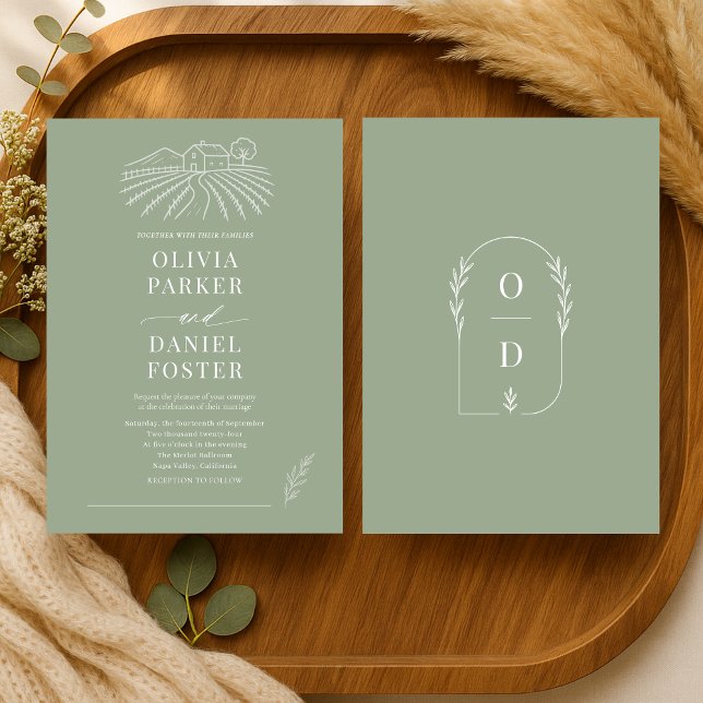 Rustic Vineyard Winery Sage Green Line Art Wedding Invitation (Creator Uploaded)