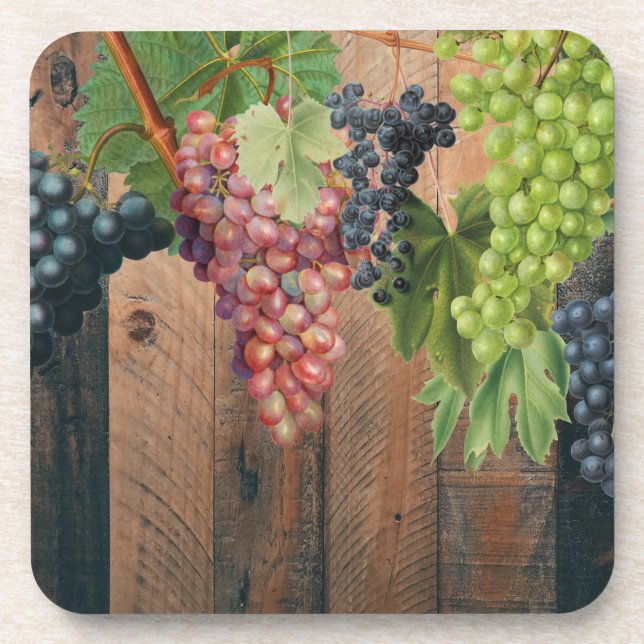 Rustic Vineyard Wood & Grapes Coaster (Front)