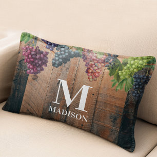 Rustic Vineyard Wood & Grapes Monogram Decorative Cushion