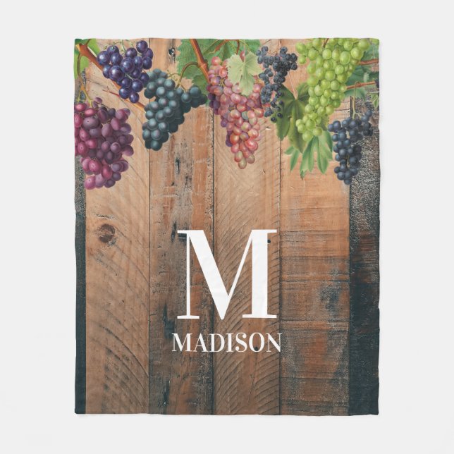 Rustic Vineyard Wood & Grapes Monogram Fleece Blanket (Front)