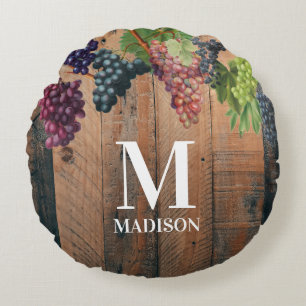 Rustic Vineyard Wood & Grapes Monogram Round Cushion