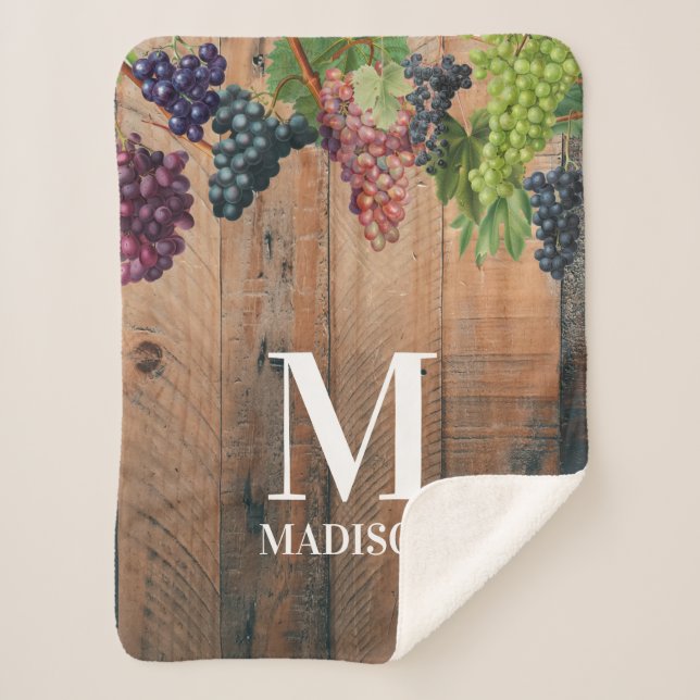 Rustic Vineyard Wood & Grapes Monogram Sherpa Blanket (Front)