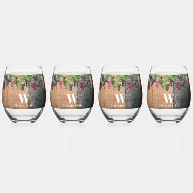 Rustic Vineyard Wood & Grapes Monogram Stemless Wine Glass (Back)
