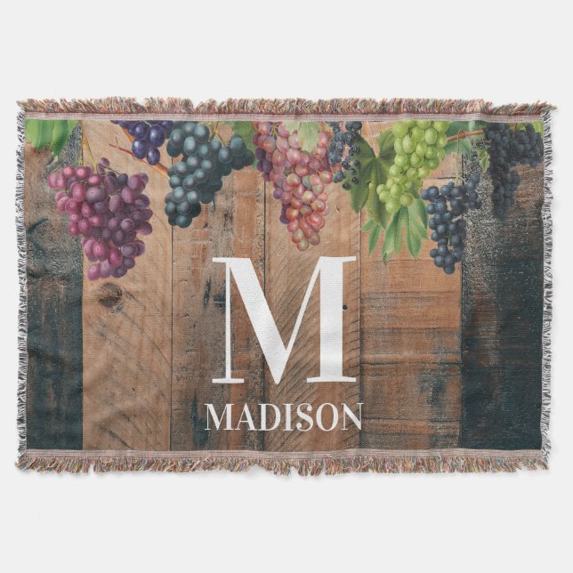Rustic Vineyard Wood & Grapes Monogram Throw Blanket (Front)