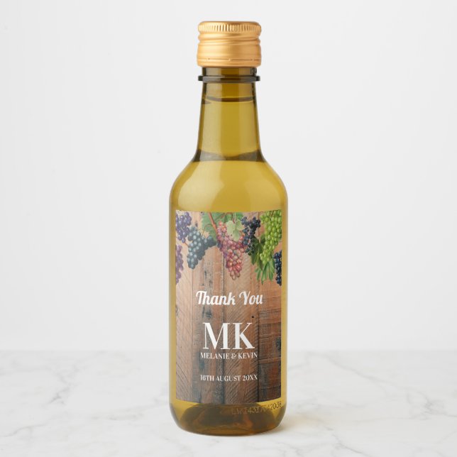 Rustic Vineyard Wood & Grapes Monogram Wedding Wine Label (Front)