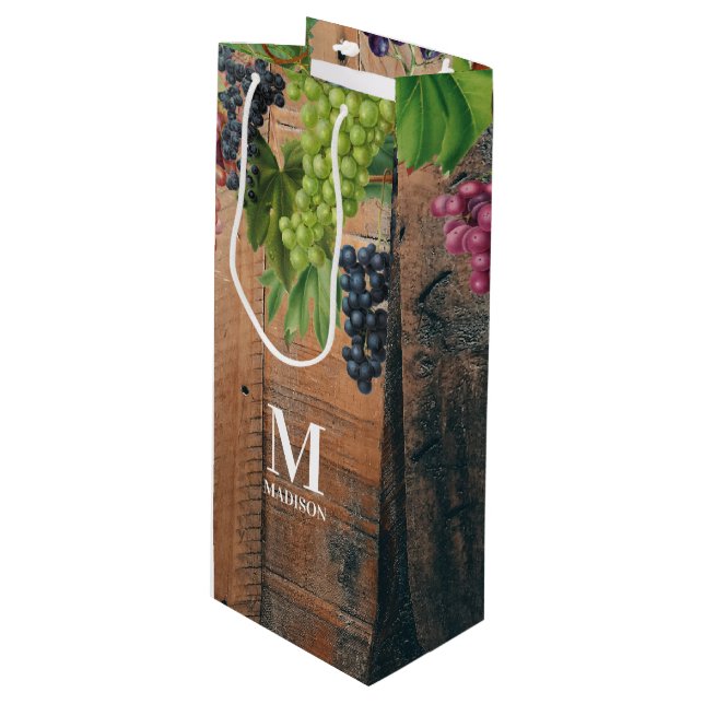 Rustic Vineyard Wood & Grapes Monogram Wine Gift Bag (Front Angled)