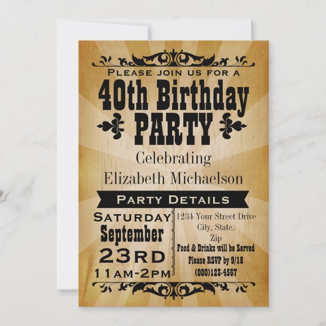 Rustic Vintage 40th Birthday Party Invitation (Front)