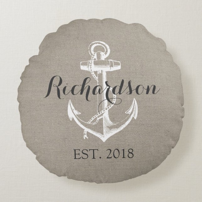 Rustic Vintage Anchor Wedding Monogram Round Cushion (Front)