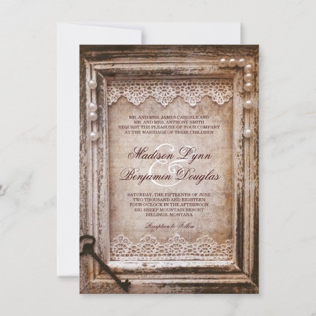 Rustic Vintage Antique Brown Frame Wedding Invites (Front)