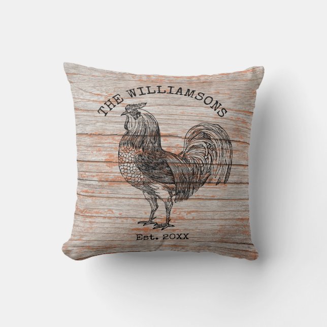 Rustic Vintage Antique Family Name Farm Rooster Cushion (Front)