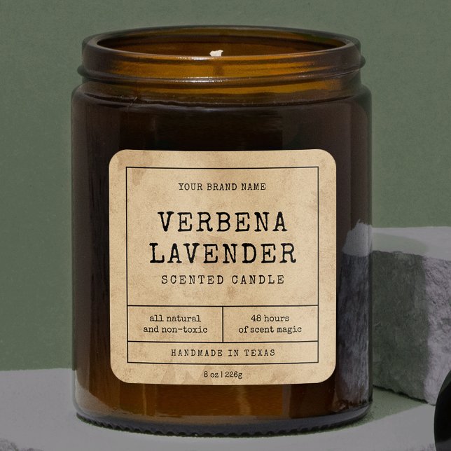 Rustic Vintage Apothecary Style Candle Jar Label (Rustic kraft paper effect square product labels with typewriter style fonts and apothecary layout)