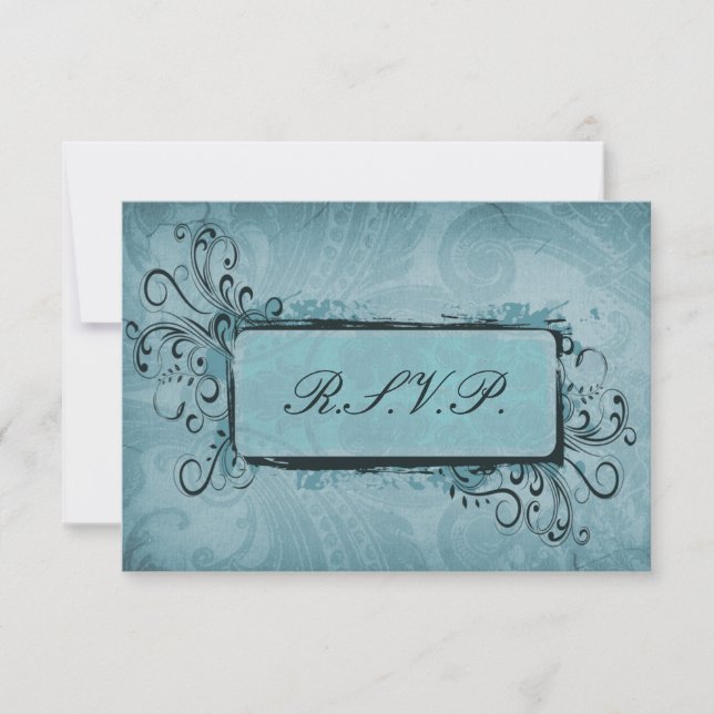Rustic Vintage Aqua Blue Wedding RSVP Card (Front)