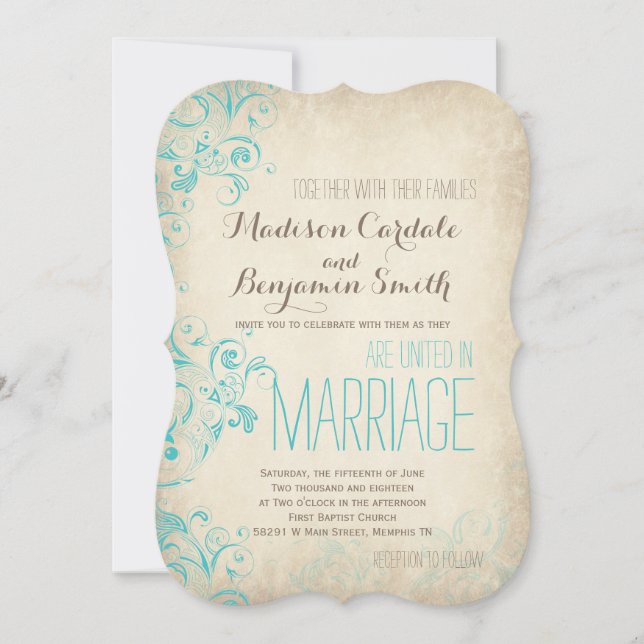 Rustic Vintage Aqua Flourish Wedding Invitations (Front)