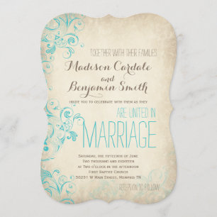 Rustic Vintage Aqua Flourish Wedding Invitations