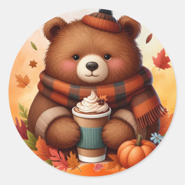 Rustic/vintage autumn bear classic round sticker (Front)