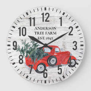 Rustic Vintage Barn Wood Red Truck Christmas Tree Large Clock