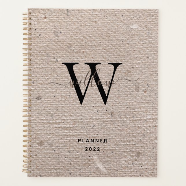 Rustic Vintage Beige Paper Monogrammed Planner (Front)