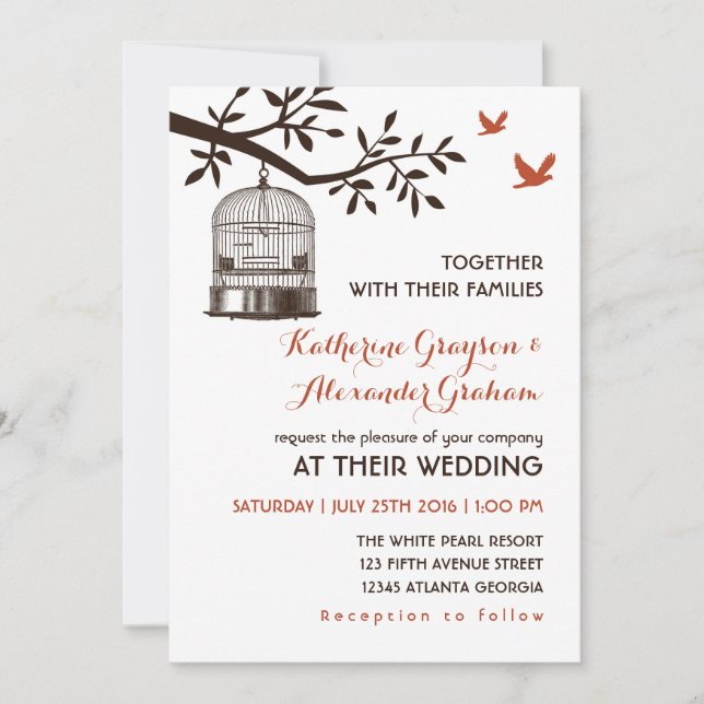 Rustic Vintage Bird Cage White Wedding Invitation (Front)