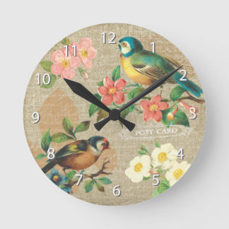 Rustic Vintage Birds and Flowers Shabby Elegance Round Clock