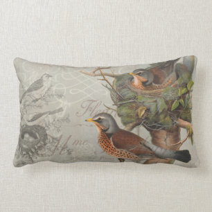Rustic Vintage Birds Nest Woodland Grey Script Lumbar Cushion