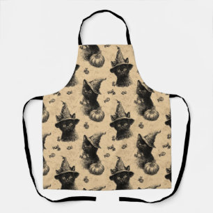 Rustic Vintage Black Cat Witch Halloween Pattern Apron