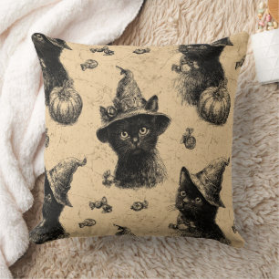 Rustic Vintage Black Cat Witch Halloween Pattern Cushion