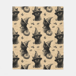 Rustic Vintage Black Cat Witch Halloween Pattern Fleece Blanket