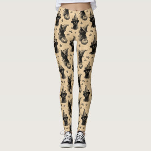 Rustic Vintage Black Cat Witch Halloween Pattern Leggings